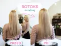 Przed i po zabiegu botoksu na włosy. Włosy po zabiegu są gładkie i lśniące. Efekt utrzymuje się długo.