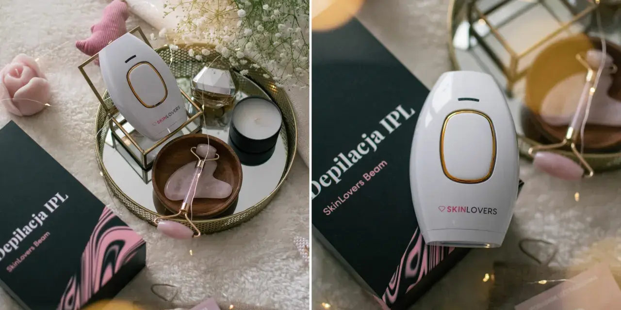 Biały depilator IPL SkinLovers, różowy masażer do twarzy i świeca tworzą luksusowy zestaw. Opinie o skino depilator są pozytywne.