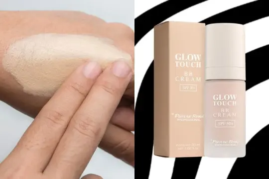 Testowanie, czy krem BB zatyka pory. Na dłoni aplikacja lekkiego podkładu Pierre René Glow Touch BB Cream SPF 50+.