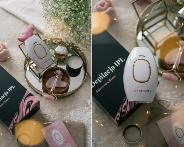 Biały depilator IPL SkinLovers, różowy masażer do twarzy i świeca tworzą luksusowy zestaw. Opinie o skino depilator są pozytywne.