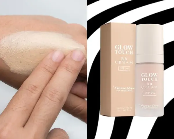 Testowanie, czy krem BB zatyka pory. Na dłoni aplikacja lekkiego podkładu Pierre René Glow Touch BB Cream SPF 50+.
