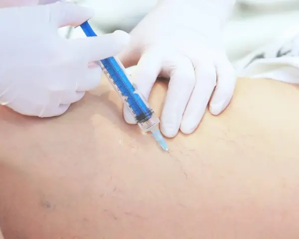 Lekarz w białej rękawiczce wykonuje zastrzyk strzykawką w nogę z widocznymi naczynkami. To skleroterapia żylaków opinie.