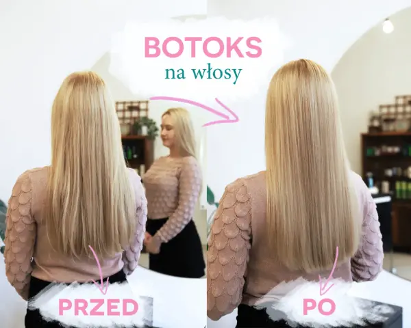 Przed i po zabiegu botoksu na włosy. Włosy po zabiegu są gładkie i lśniące. Efekt utrzymuje się długo.
