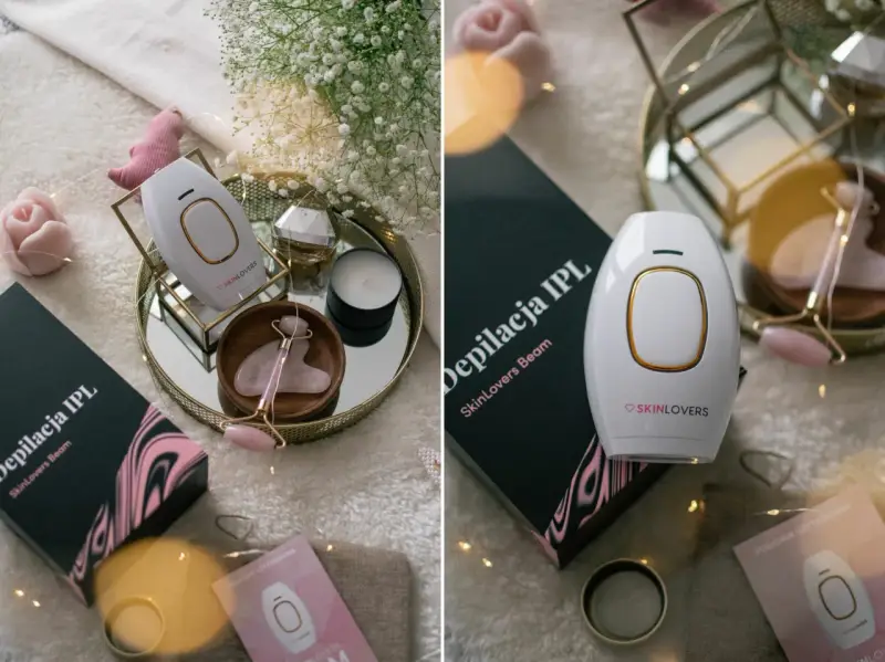 Biały depilator IPL SkinLovers, różowy masażer do twarzy i świeca tworzą luksusowy zestaw. Opinie o skino depilator są pozytywne.
